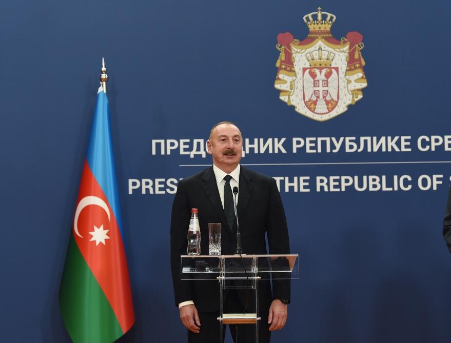 Президент Ильхам Алиев и Президент Александр Вучич выступили с заявлениями для печати
