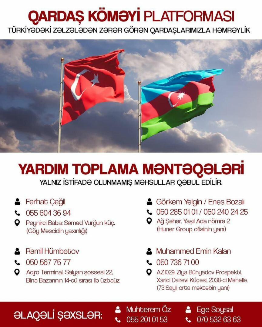 “Qardaş Köməyi” Platforması Türkiyəyə zəlzələ bölgəsinə göndəriləcək malların adlarını açıqlayıb