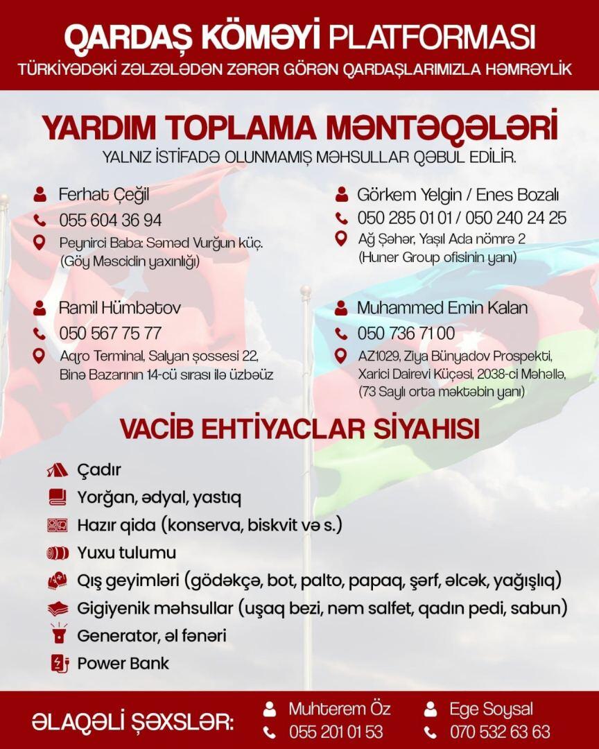 “Qardaş Köməyi” Platforması Türkiyəyə zəlzələ bölgəsinə göndəriləcək malların adlarını açıqlayıb