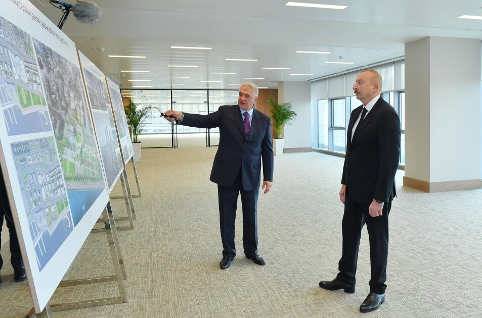 Президент Ильхам Алиев ознакомился с работами по строительству и благоустройству в Центральном парковом квартале и условиями, созданными в Офисном здании Белого города Баку