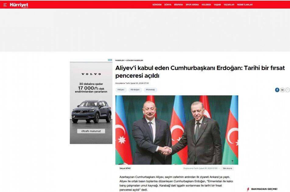 Türkiyə mətbuatı Prezident İlham Əliyevin rəsmi səfərini diqqət mərkəzində saxlamaqda davam edir