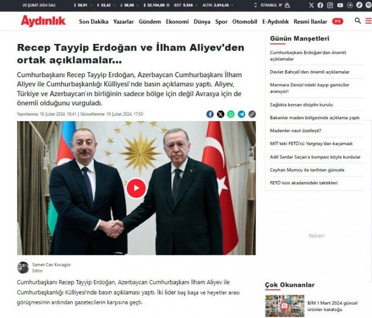 Türkiyə mətbuatı Prezident İlham Əliyevin rəsmi səfərini diqqət mərkəzində saxlamaqda davam edir