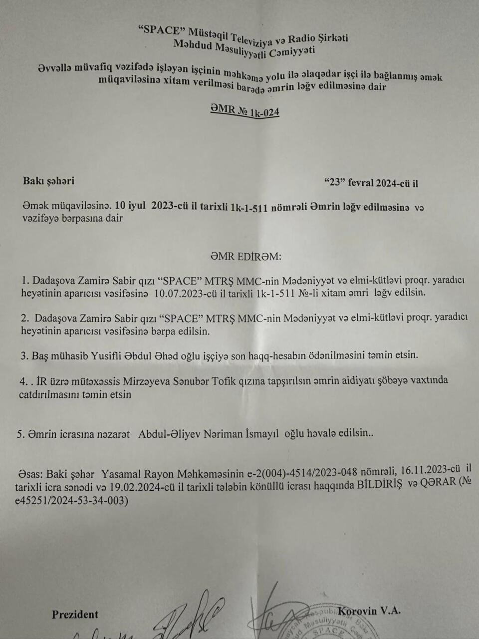 Aparıcı Zamirə “Space TV”yə qayıtdı