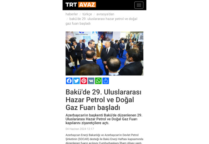 Prezident İlham Əliyevin Bakı Enerji Həftəsinin açılış mərasimindəki çıxışı Türkiyənin aparıcı media qurumları tərəfindən geniş işıqlandırılıb