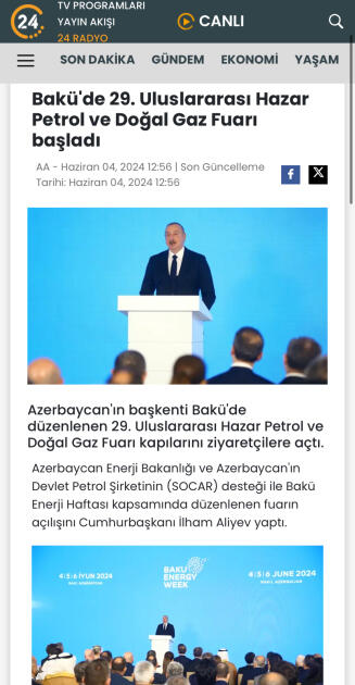 Prezident İlham Əliyevin Bakı Enerji Həftəsinin açılış mərasimindəki çıxışı Türkiyənin aparıcı media qurumları tərəfindən geniş işıqlandırılıb