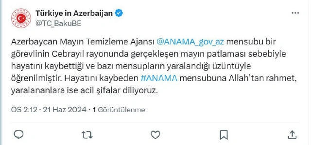 Türkiyə səfirliyi Azərbaycana başsağlığı verdi