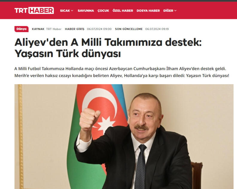 Prezident İlham Əliyevin Türkiyə yığmasına dəstəyi ölkə mediasının diqqət mərkəzində olub