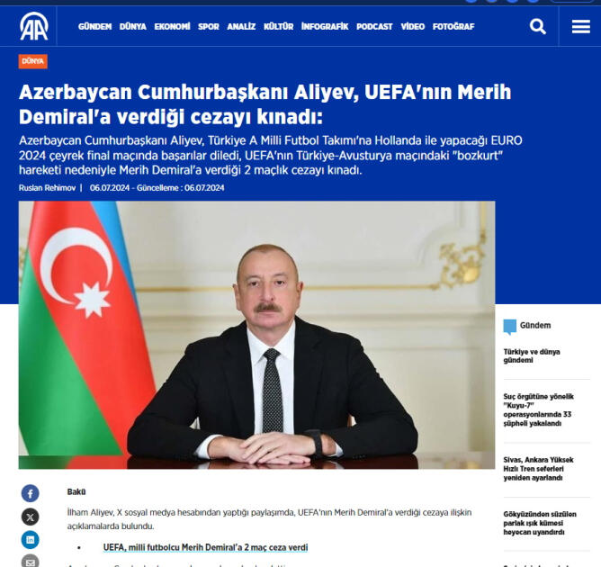 Prezident İlham Əliyevin Türkiyə yığmasına dəstəyi ölkə mediasının diqqət mərkəzində olub