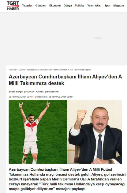 Prezident İlham Əliyevin Türkiyə yığmasına dəstəyi ölkə mediasının diqqət mərkəzində olub