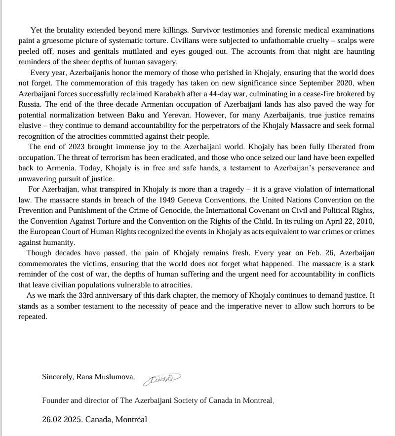 Азербайджанские диаспорские организации направили письмо членам парламента Канады