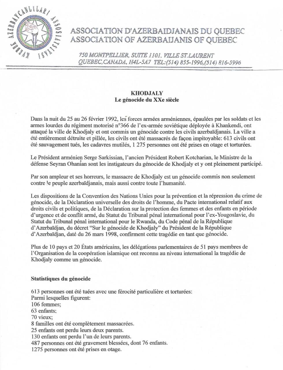 Азербайджанские диаспорские организации направили письмо членам парламента Канады