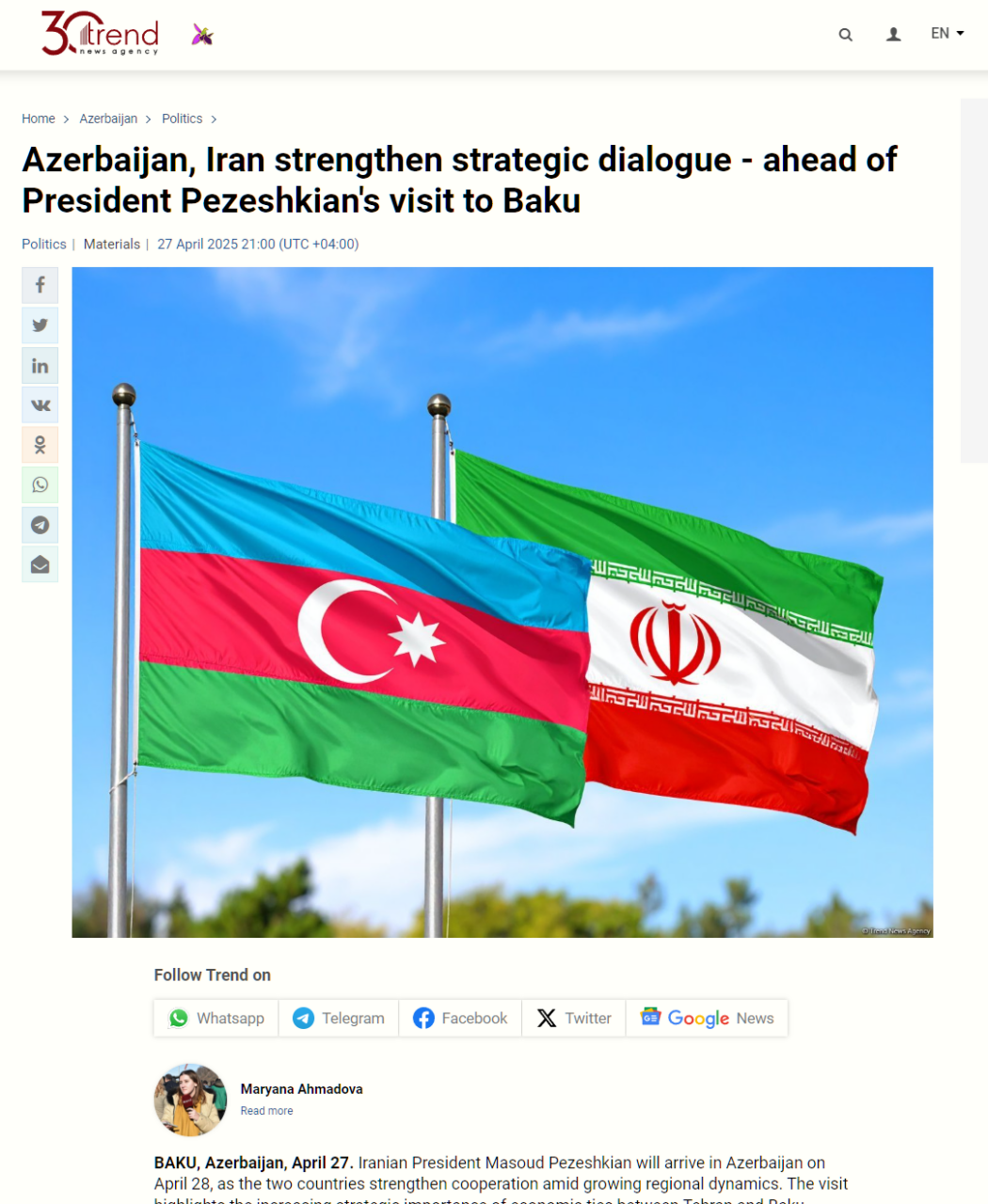 Иранское агентство IRNA опубликовало новостной анализ АМИ Trend к визиту Масуда Пезешкиана в Баку