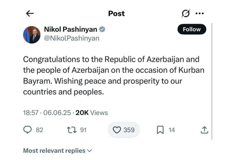 Пашинян впервые поздравил Азербайджан с Гурбан байрамы