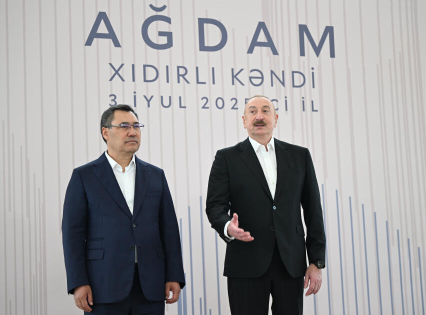 Prezident İlham Əliyev və Prezident Sadır Japarov Ağdam rayonunun Xıdırlı kəndinin 1-ci mərhələsinin açılışında iştirak ediblər