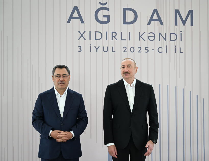 Prezident İlham Əliyev və Prezident Sadır Japarov Ağdam rayonunun Xıdırlı kəndinin 1-ci mərhələsinin açılışında iştirak ediblər