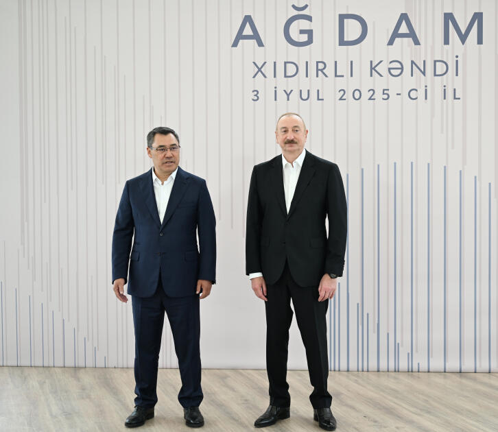 Prezident İlham Əliyev və Prezident Sadır Japarov Ağdam rayonunun Xıdırlı kəndinin 1-ci mərhələsinin açılışında iştirak ediblər