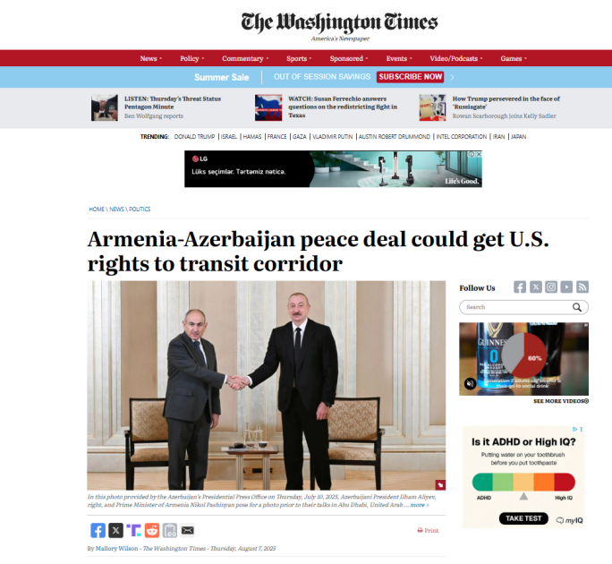 Azərbaycan Prezidenti İlham Əliyevin Ermənistanın baş naziri ilə Vaşinqtonda keçirəcəyi görüş dünyanın ən nüfuzlu mediasında