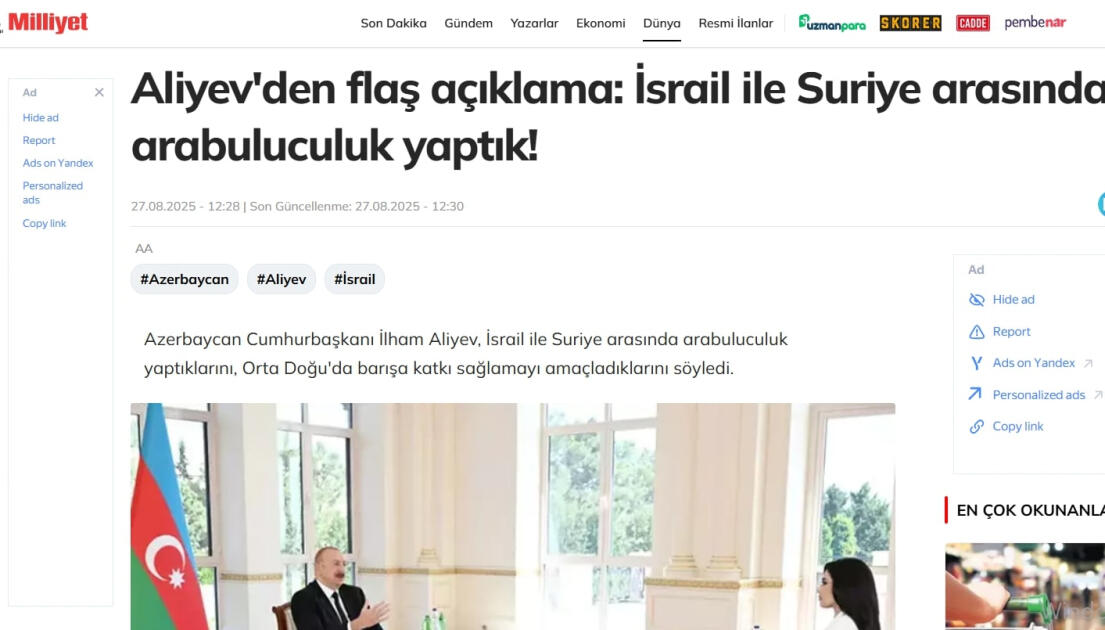 Турецкие медиа широко осветили интервью Президента Ильхама Алиева телеканалу «Аль-Арабия»