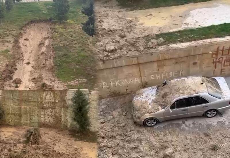 Bakıda torpaq sürüşdü, maşının üstünə töküldü