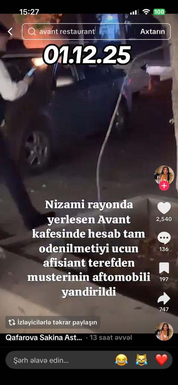 Bakıda müştəri hesabı ödəmədi, ofisiant maşınını yandırdı