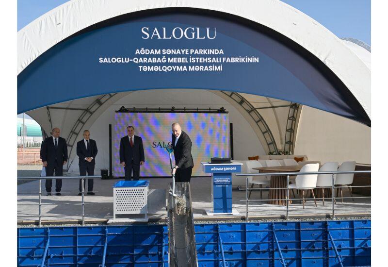 Prezident İlham Əliyev Ağdam Sənaye Parkında “Saloğlu Qarabağ” MMC-nin istehsal müəssisəsinin təməlini qoyub