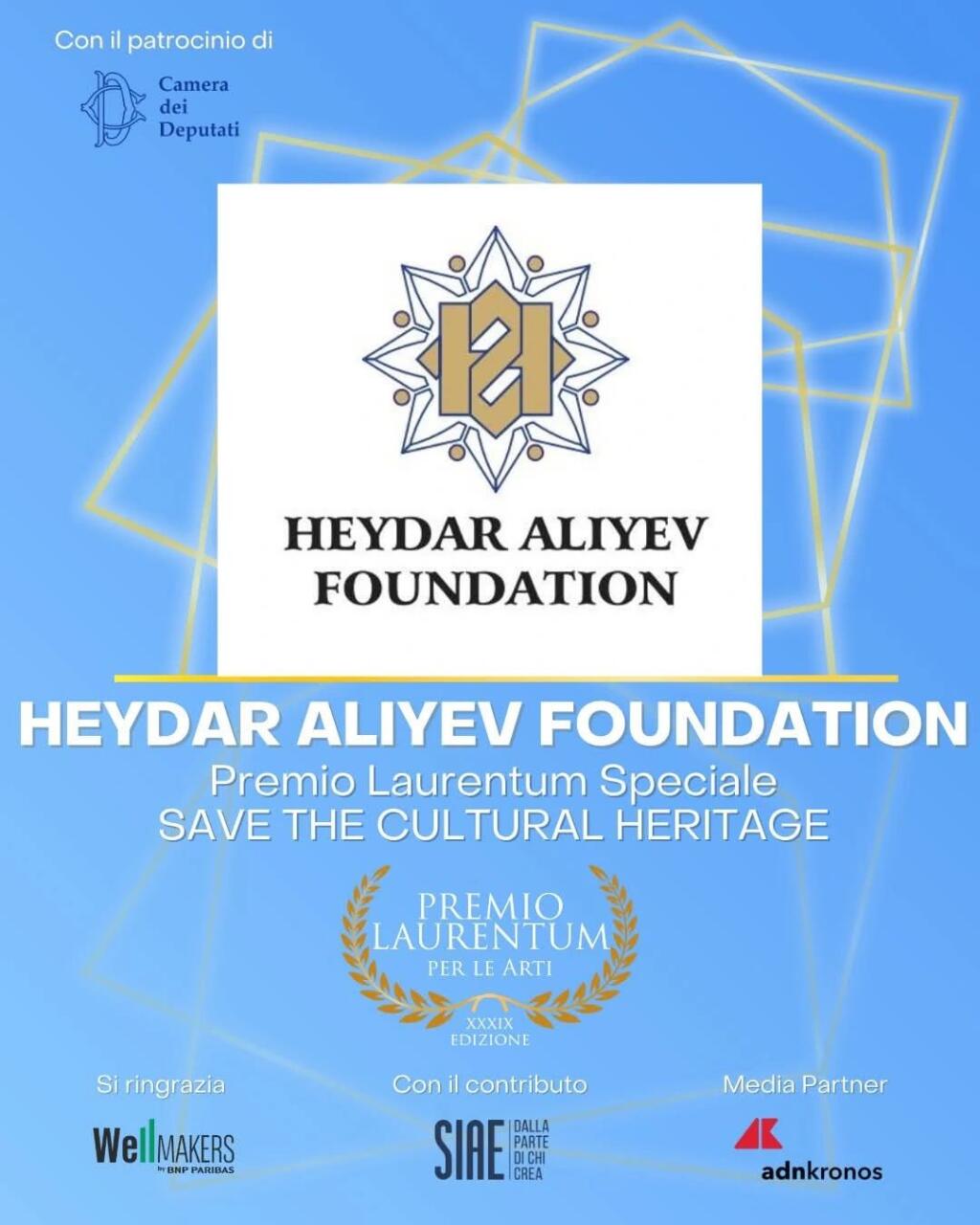 Heydər Əliyev Fondu İtaliyanın Laurentum mükafatı ilə təltif olunub