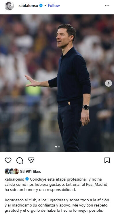 Хаби Алонсо опубликовал прощальный пост после ухода из "Реала"