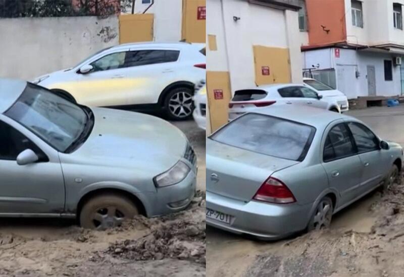 Bakıda binanın həyəti çökdü, maşın çuxura düşdü