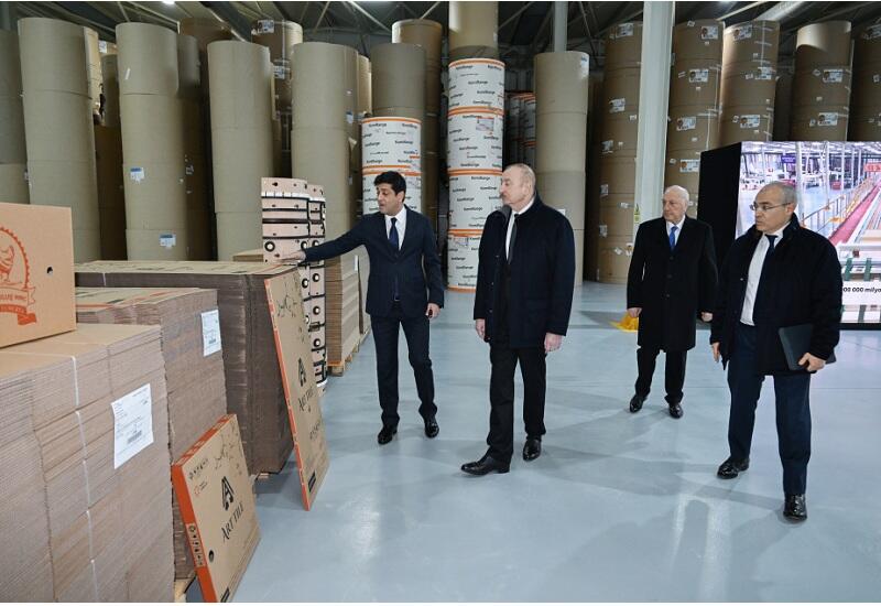 Президент Ильхам Алиев принял участие в открытии предприятия по производству картонной и коробочной тары в Сумгайытском промышленном парке