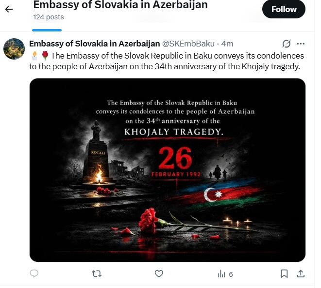 Посольство Словакии поделилось публикацией в связи с 34-й годовщиной Ходжалинского геноцида
