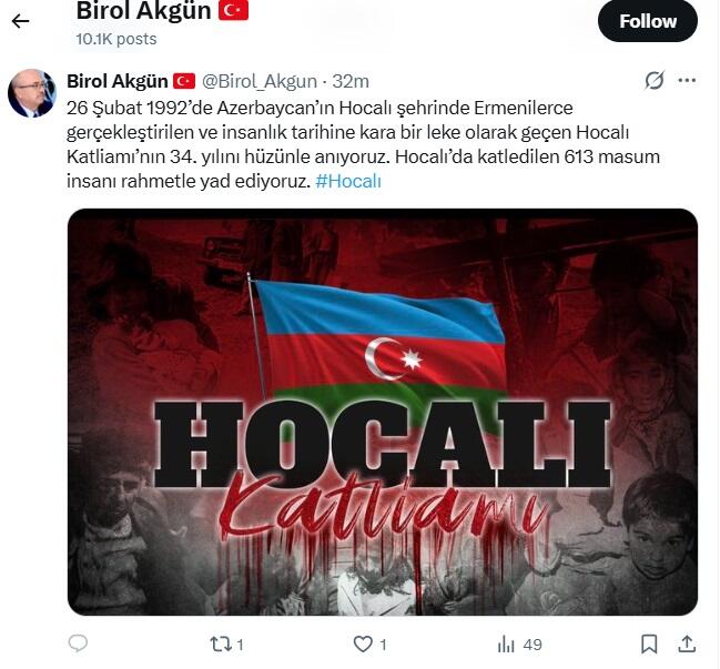 Türkiyə səfiri Xocalı soyqırımı ilə bağlı paylaşım edib