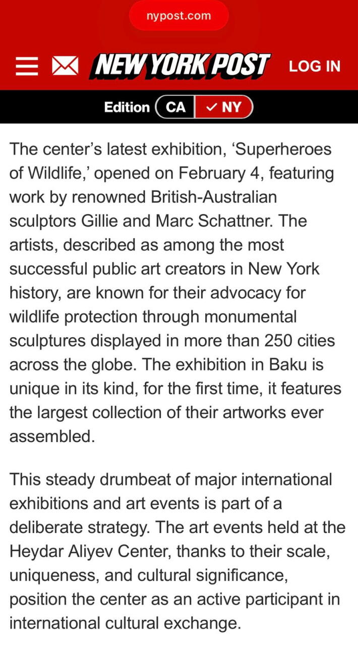 New York Post пишет о превращении Центра Гейдара Алиева в международный центр искусства