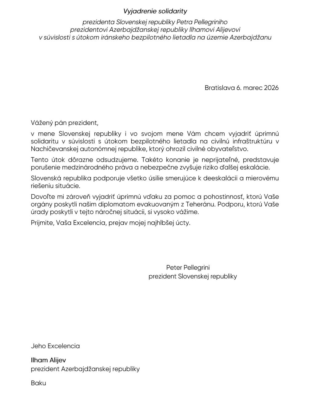 Президент Ильхам Алиев выразил благодарность Президенту Словакии за принципиальную позицию и солидарность