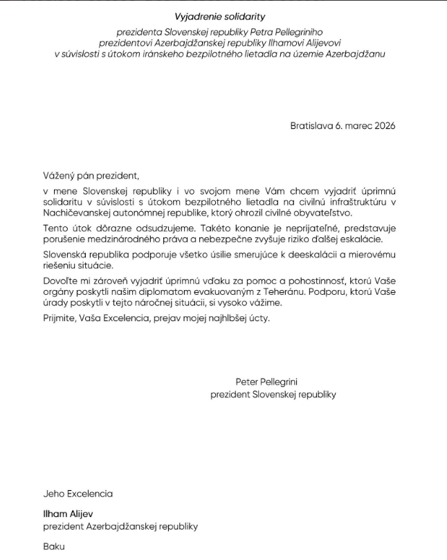 Prezident İlham Əliyev prinsipal mövqeyinə və həmrəyliyə görə Slovakiya Prezidentinə minnətdarlığını bildirib