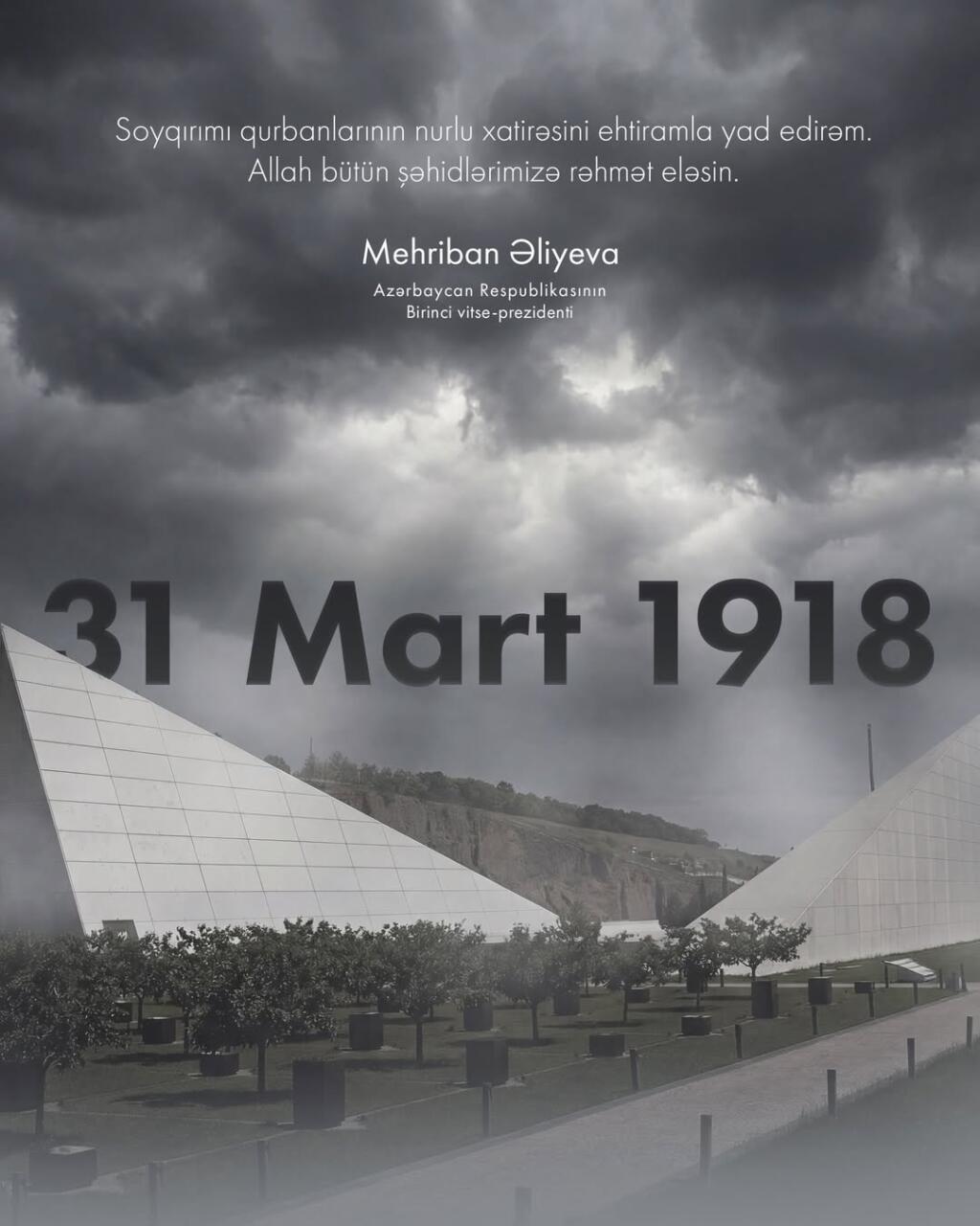 Первый вице-президент Мехрибан Алиева поделилась публикацией в связи с 31 Марта - Днем геноцида азербайджанцев