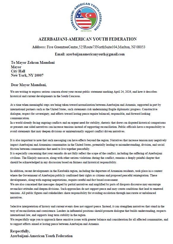 Азербайджанцы мира обратились к мэру Нью-Йорка