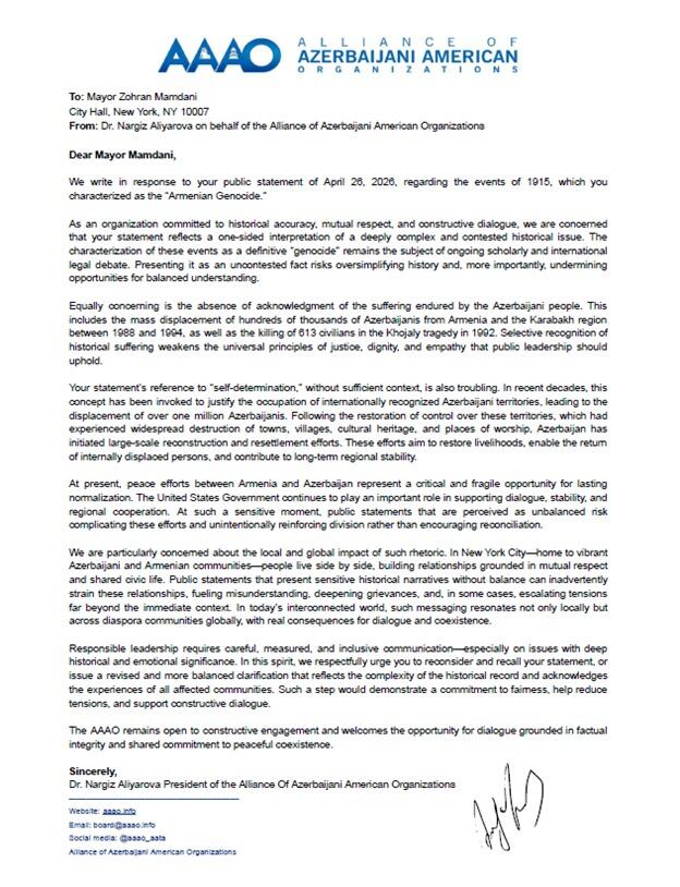 Азербайджанцы мира обратились к мэру Нью-Йорка