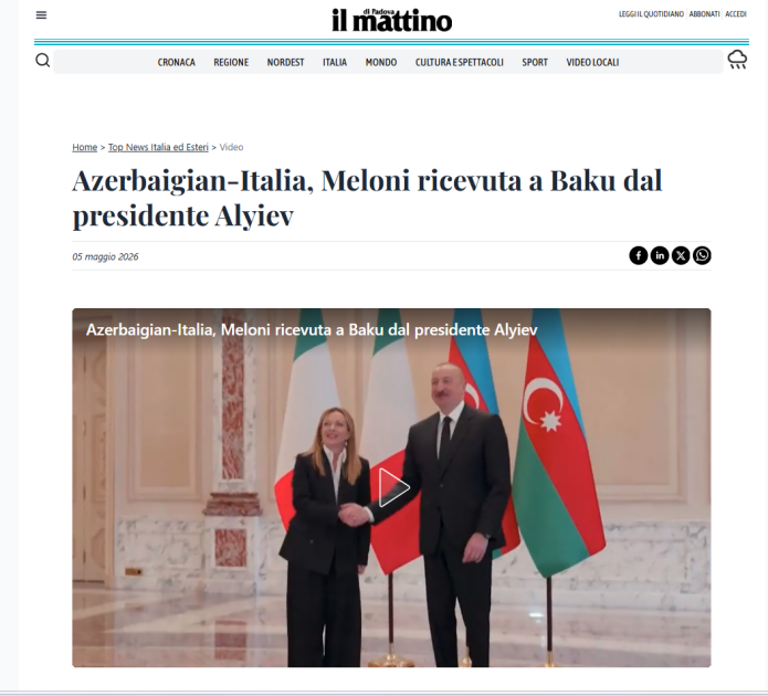 Dünya mediası Baş nazir Ciorcia Meloninin Prezident İlham Əliyevlə Bakıda apardığı danışıqları geniş işıqlandırıb