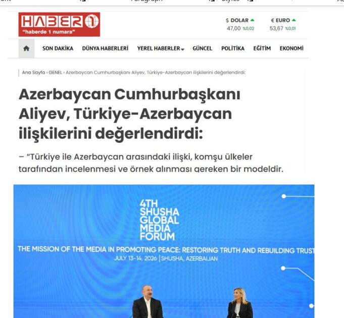 Выступление Президента Азербайджана на IV Шушинском глобальном медиафоруме - в центре внимания турецких СМИ