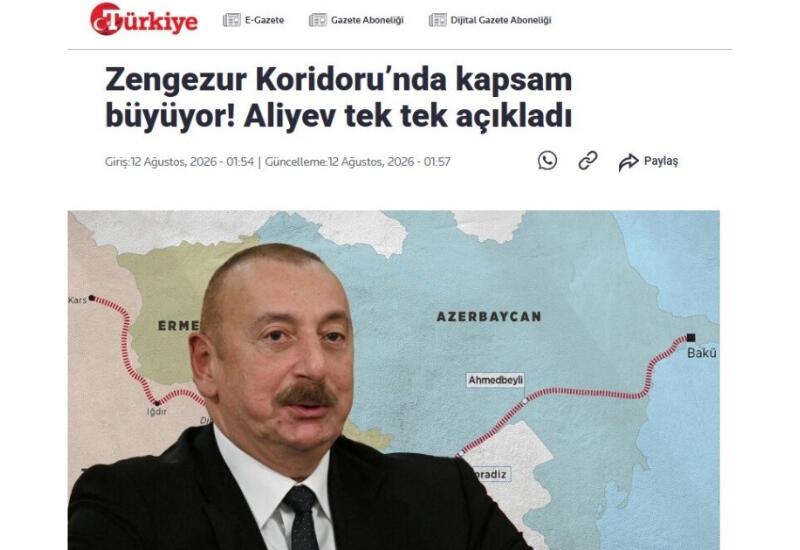 Prezident İlham Əliyevin Zəngəzur dəhlizi ilə bağlı fikirləri Türkiyə mediasının diqqət mərkəzindədir