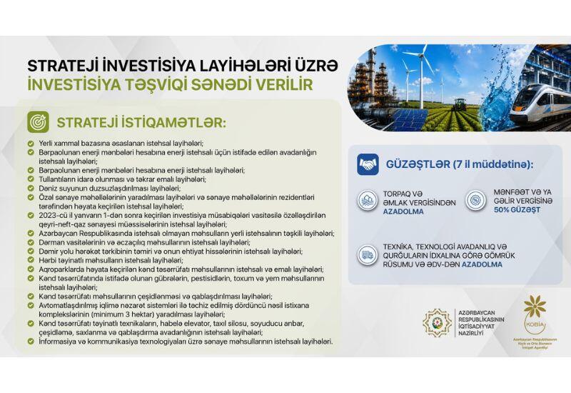 Strateji investisiya layihələri üzrə investisiya təşviqi sənədinin verilməsi davam edir