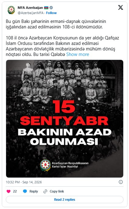 XİN Bakının işğaldan azad edilməsinin 108-ci ildönümü ilə bağlı paylaşım edib