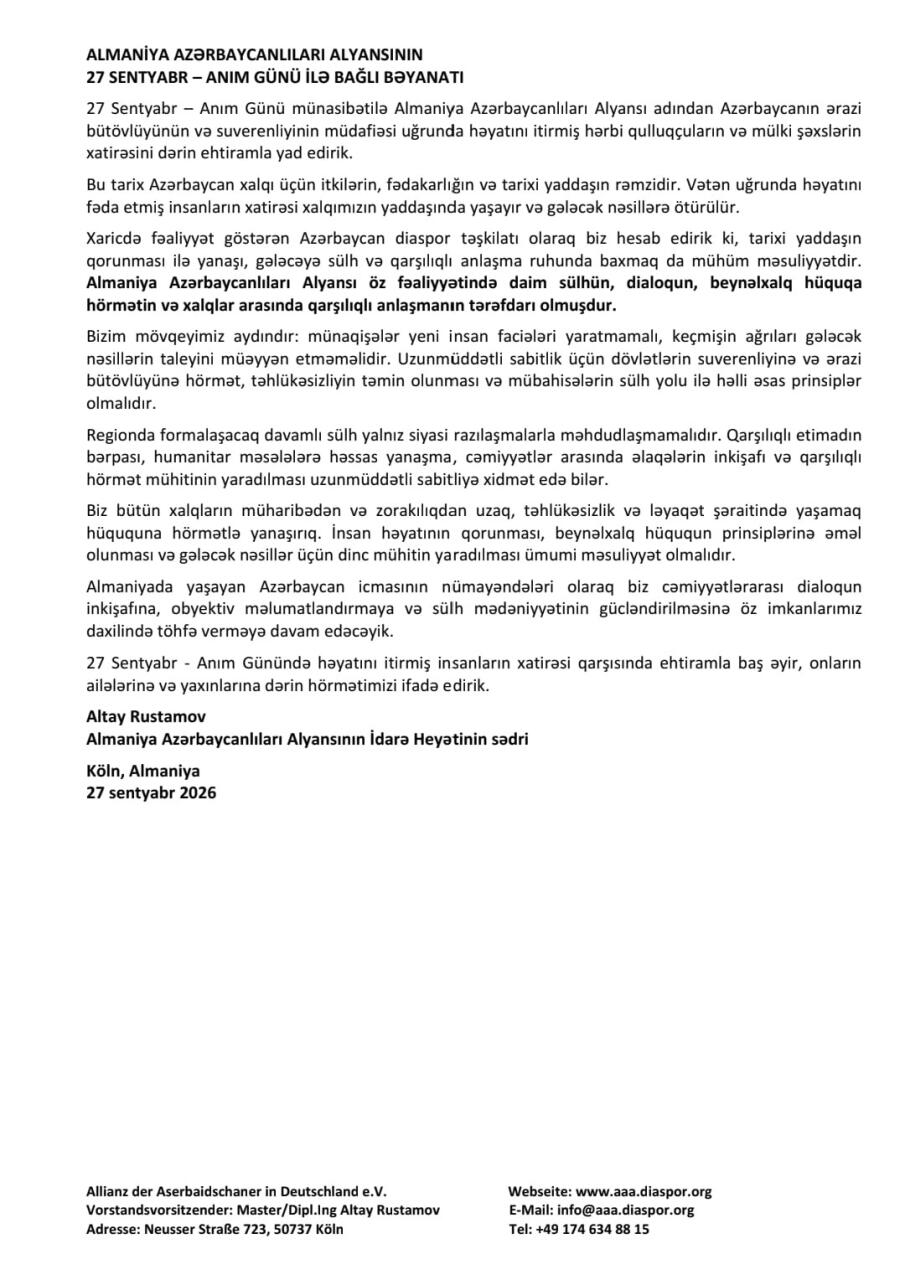 Azərbaycan diaspor təşkilatları Anım Günü ilə bağlı bəyanatlar yayıblar