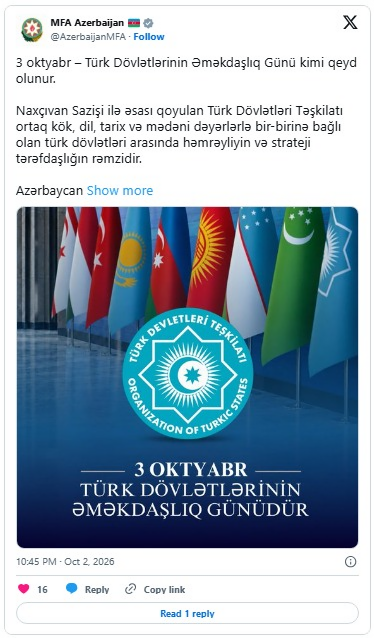 Azərbaycan Türk dünyasının birliyinin möhkəmləndirilməsinə sadiqdir