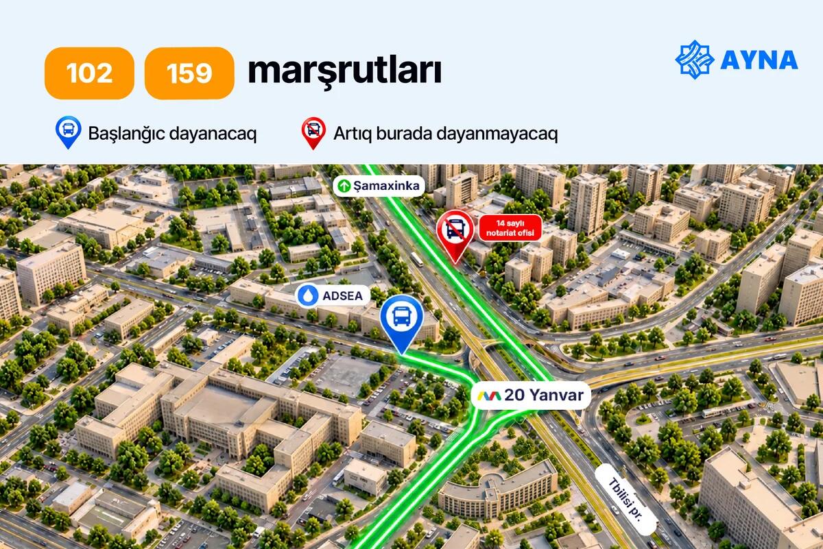 “20 Yanvar” yaxınlığındakı dayanacaqdan bu dörd marşrut çıxarılır