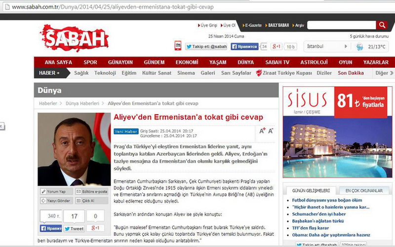 Главная новость турецких СМИ: весомый ответ Президента Азербайджана Ильхама Алиева Сержу Саргсяну - ФОТО
