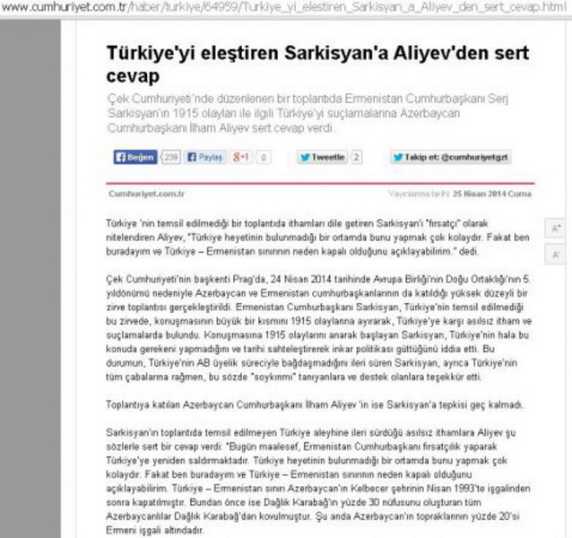 Главная новость турецких СМИ: весомый ответ Президента Азербайджана Ильхама Алиева Сержу Саргсяну - ФОТО