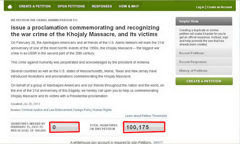 Петиция по геноциду в Ходжалы собрала необходимые 100 000 подписей на сайте Белого дома - ФОТО