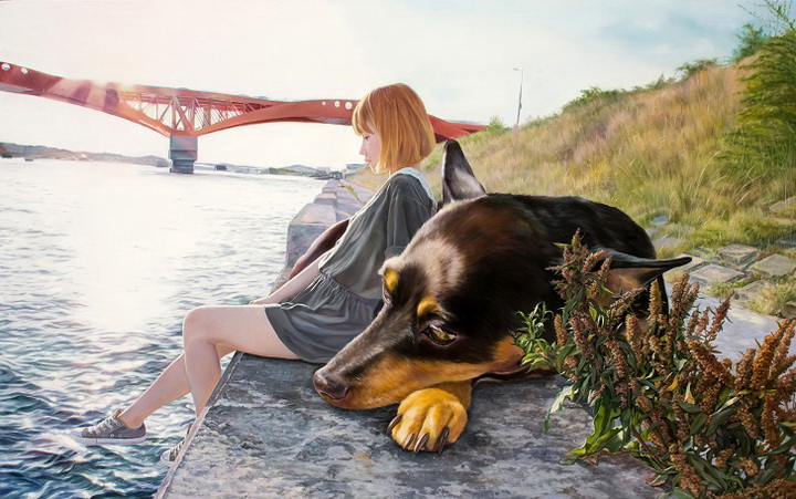 Реалистичные рисунки гигантского пса и симпатичной кореяночки - ФОТОСЕССИЯ