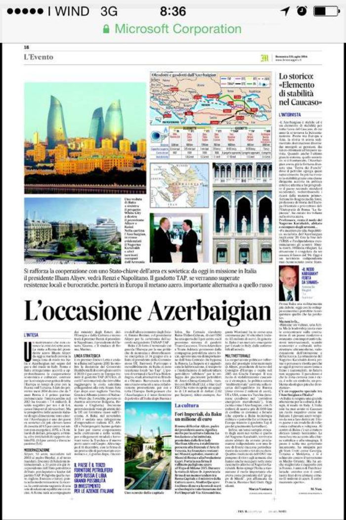 Влиятельная итальянская газета "İl Messaggero": "Международный авторитет Президента Азербайджана Ильхама Алиева усилил политическое сотрудничество" - ФОТО